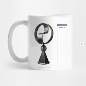 Kevin Caron coffee cup, white with Roundabout sculpture